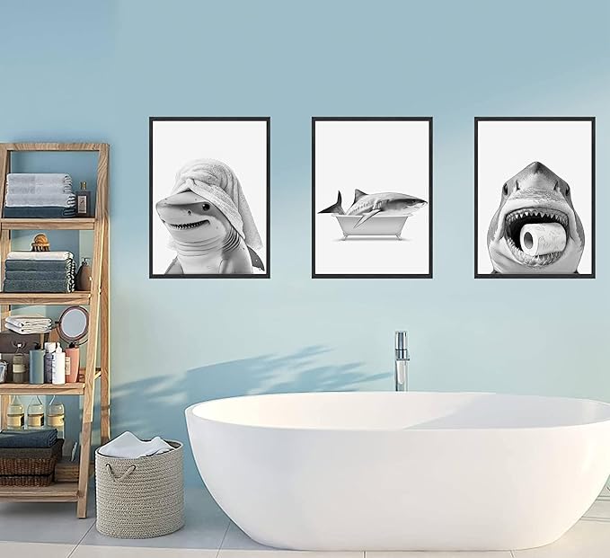 3pcs Black And White Shark Bathroom Canvas wall art Funny ocean Animal bathtub Paintings Pictures Wall Decor Modern Poster Printing Artwork for Restroom Toilet Home Decoration Unframed