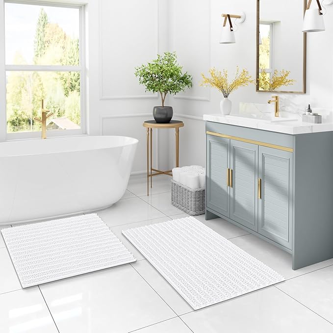 Arotive Luxury Chenille Bathroom Rug Mat, Extra Soft Thick Absorbent Shaggy Bath Rugs, Non-Slip Machine Wash Dry, Plush Bath Mats for Bathroom, Shower and Tub, 59x35, White