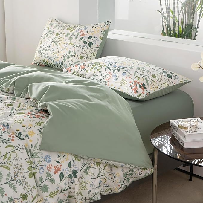 mixinni Flower Duvet Cover Twin XL Size, Sage Green Floral Duvet Cover Soft Cotton Cute Wildflower Green Leaves Print Cotton Bedding Duvet Cover Set Zipper&Ties, 1 Duvet Cover and 2 Pillowcases