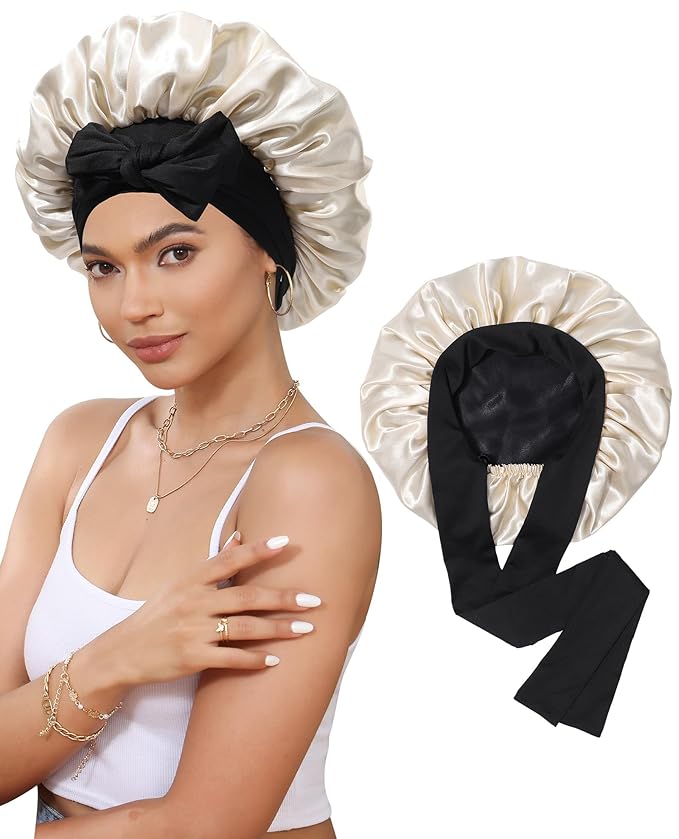 Satin Bonnet Silk Bonnet for Sleeping Silk Sleep Cap Double Layer Hair Bonnet with Elastic Tie Band for Curly Hair Night Cap (Black + Champagne)