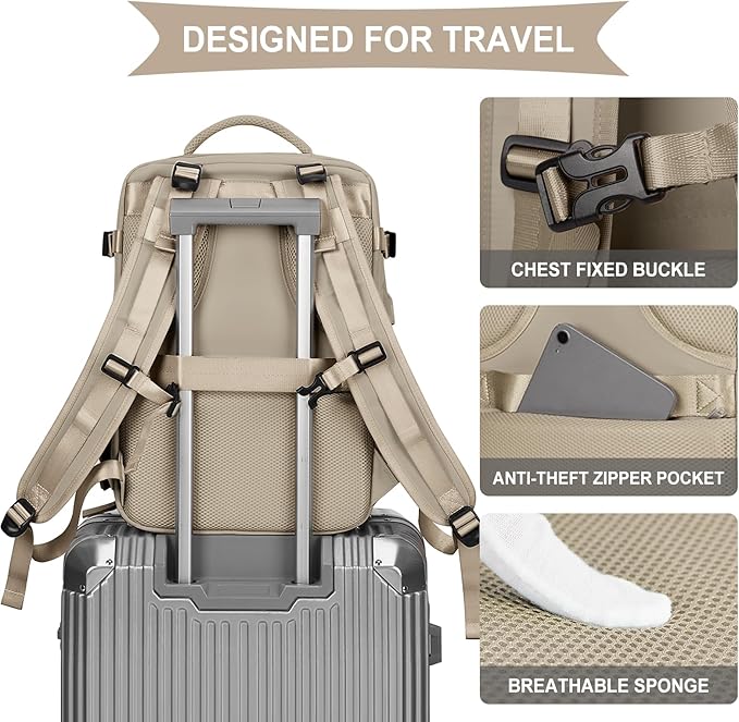 coowoz Large Travel Backpack For Women Men,Carry On Backpack Flight Approved,Hiking Backpack Waterproof Outdoor Rucksack Casual Daypack Fit 15.6 Inch Laptop Shoes Compartment (Khaki-L)