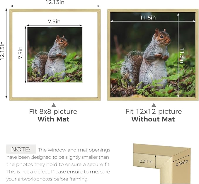 Golden State Art 12x12 Picture Frame 3 Pack - Aluminum Frames with 8x8 Removable Mats & Real Glass, Display 12x12 Posters or 8x8 Photos - Gold Gallery Wall Frames for Home Office Decor
