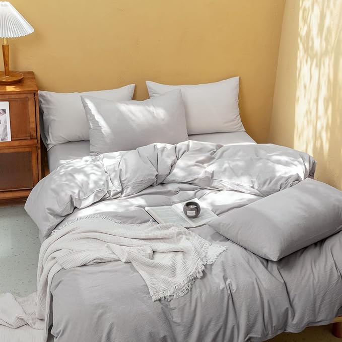 FOSSA Duvet Cover Set 100% Washed Cotton Linen Feel Super Soft Breathable Cozy 3 Pieces Bedding Sets Solid Grayish King