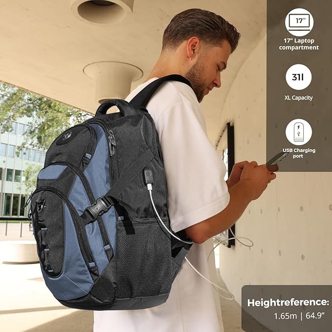 Swissdigital Design Laptop Backpack with USB Charging Port, Travel Backpack Fits 15.6 inches Computer, 31L College School Backpack for Men, Haze Blue/Black | SD803