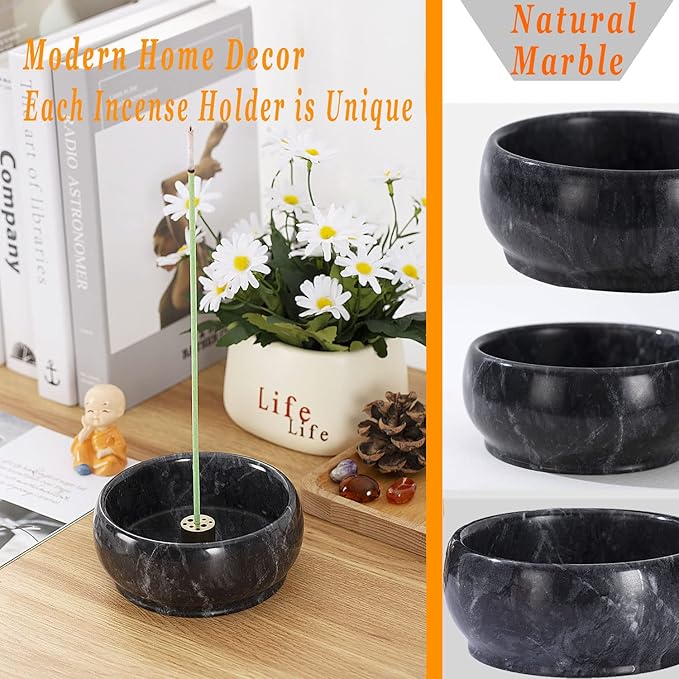 Incense Holder, Incense Burner ash Catcher with Brass 9 Holes Incense Stick Holder for Home Decor Yoga Spa Madiation (Natural Black Marble) Birthday Gifts for Women