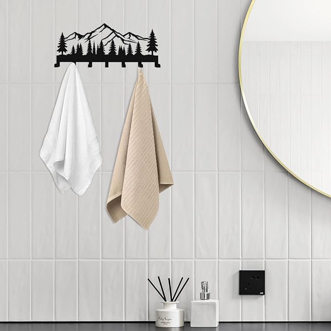 Key Holder Wall Mounted Key Hooks, Black Metal Key Rack Hooks, Little Grove, Mountain Theme Wall Decoration Hooks, with 7 Hooks, Applicable to Front Doors, Lobby,Corridor, Offices (12 ")