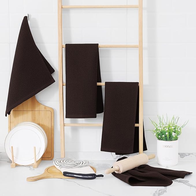 Homaxy 100% Cotton Waffle Weave Kitchen Dish Towels, Ultra Soft Absorbent Quick Drying Cleaning Towel, 13 x 28 Inches, 6-Pack, Dark Brown