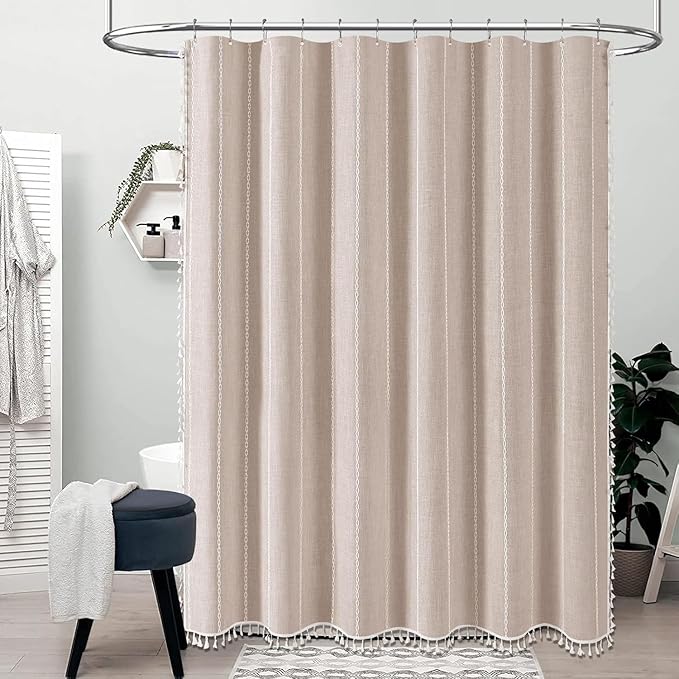 BTTN Extra Long Shower Curtain - 72x90 Striped Boho Chic Linen Fabric Heavy Duty Shower Curtain Set with 12 Plastic Hook, Bohemian Farmhouse Luxury Tassel Cloth Shower Curtain for Bathroom, Tan/Taupe
