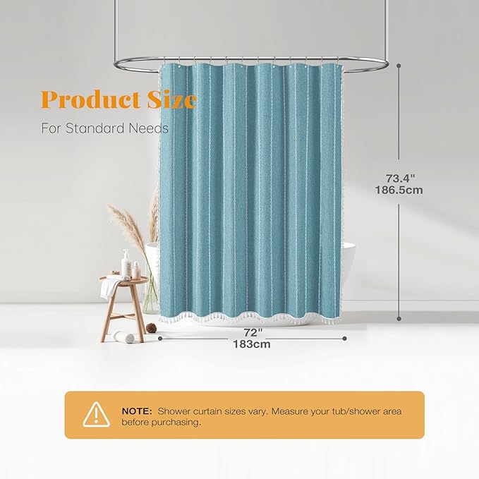 BTTN Boho Farmhouse Shower Curtain, Rustic Thick Striped Linen Fabric Shower Curtains Sets with Tassel, Water Resistant, Modern Aesthetic Vintage Shower Curtain with Hooks for Bathroom, 72x72, Teal