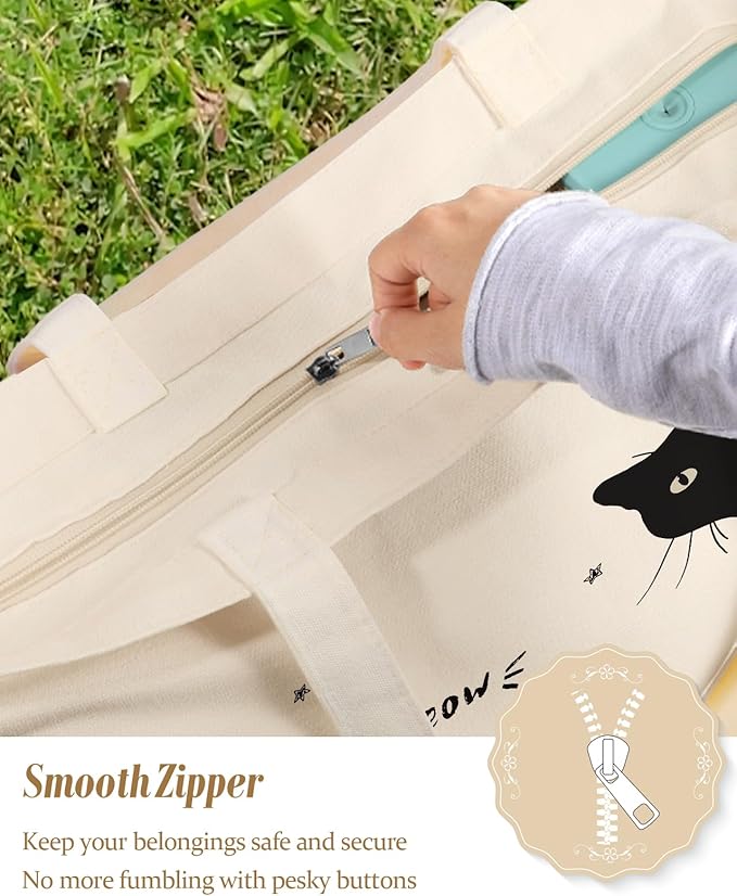 Large Tote Bag for Women - Aesthetic Cute Big Canvas Bags with Zipper Cotton Shoulder Bag for Gym, Travel, Work