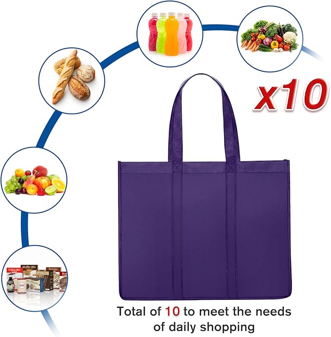 WISELIFE Reusable Grocery Shopping Bags 10 Pack Large Foldable Tote Bags Bulk, Eco Produce Bags with Long Handle for Shopping Groceries Clothes (Purple)