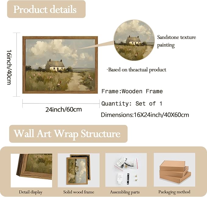 Vintage Farmhouse Wall Art, Country Cottage Wall Decor Paintings, Framed 3D Textured Hand Drawn Sandstone Natural Countryside Landscape Artwork for Bedroom Living Room 16x24 inch Wood Frame