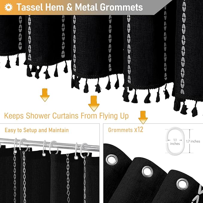 BTTN 78 Inch Long Shower Curtain - Boho Farmhouse Striped Linen Fabric Shower Curtain Set with Tassel, Tall Rustic Country Luxury Shower Curtains for Bathroom with Hooks, 72x78, Black and White