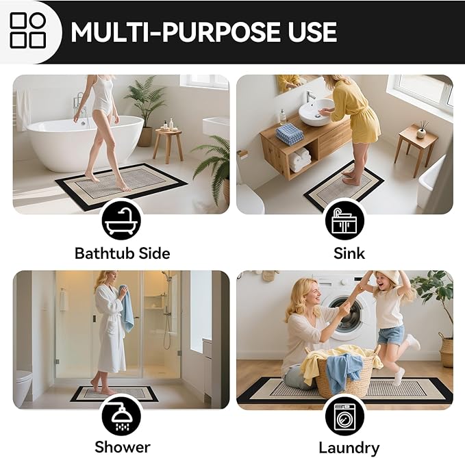 Non Slip Thin Bath Mat Bathroom Rugs, Rubber Backing Ultra Thin Bathroom Rug Fit Under Door, Quick Dry Super Absorbent Washable Shower Bath Mats, Beige 20x32