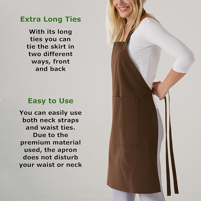 TOSHE Kitchen Apron Waterdrop Resistant Cotton Apron with adjustable Aprons for Women with Pockets 12 Color option Cooking Brown Apron (Brown)