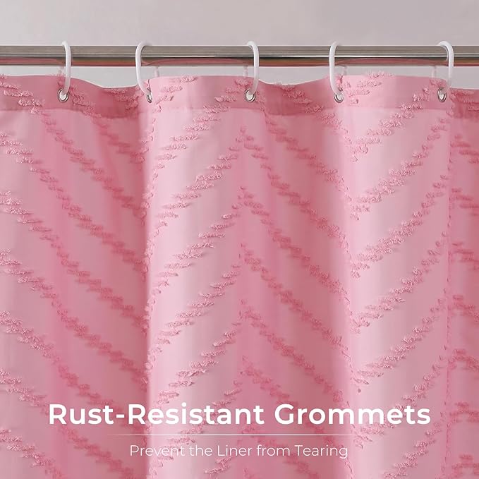 Pink Boho Shower Curtain Woven Fabric Cute Shower Curtain Modern Farmhouse Textured Tufted Chevron Striped Minimalist 72 x 78 Bathroom Shower Curtains