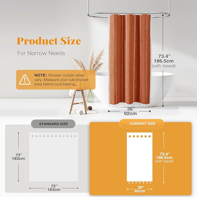 BTTN Boho Shower Stall Curtain - 36x72 Narrow Linen Ultra Thick Striped Tassel Fabric Shower Curtain Set with 6 Hook, Half Modern Farmhouse Cottage Weighted Shower Curtains for Bathroom - Burnt Orange