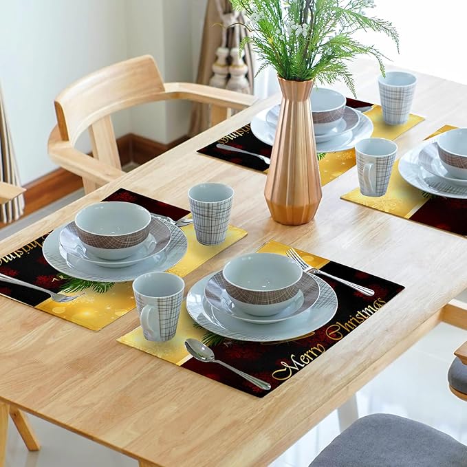 Giwawa Merry Christmas Placemats Set of 4, Winter Snowflakes Xmas Jingle Bell Red Bow Table Place Mats for Kitchen Dining Holiday Party Decor, Heat Resistant Non-Slip Washable, 12x18 Inch