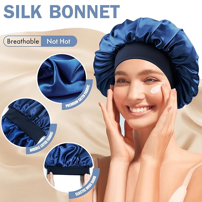 Satin Silk Bonnet for Sleeping, Double Layer Silk Sleep Cap for Men & Women, Soft Satin Lined Bonnet for Natural & Curly Hair(Navy Blue)