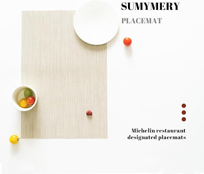 Placemats Set of 6 Vinyl/Plastic Woven Place Mats for Kitchen Table Indoor/Outdoor Washable Placemat Wipeable Dining Table Mats (Beige,6)
