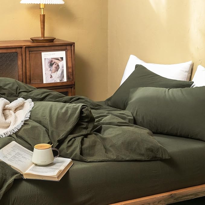 FOSSA Duvet Cover Set 100% Washed Cotton Linen Feel Super Soft Breathable Cozy 3 Pieces Bedding Sets Solid Olive Green Oversized King
