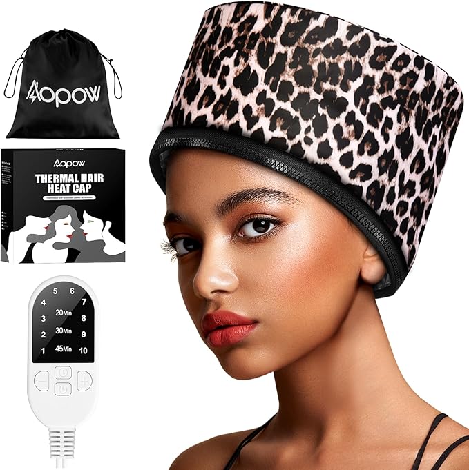 Heat Cap Leopard Thermal Steam Cap - 10-Level Heating for Deep Conditioning Natural and Black Hair at Home