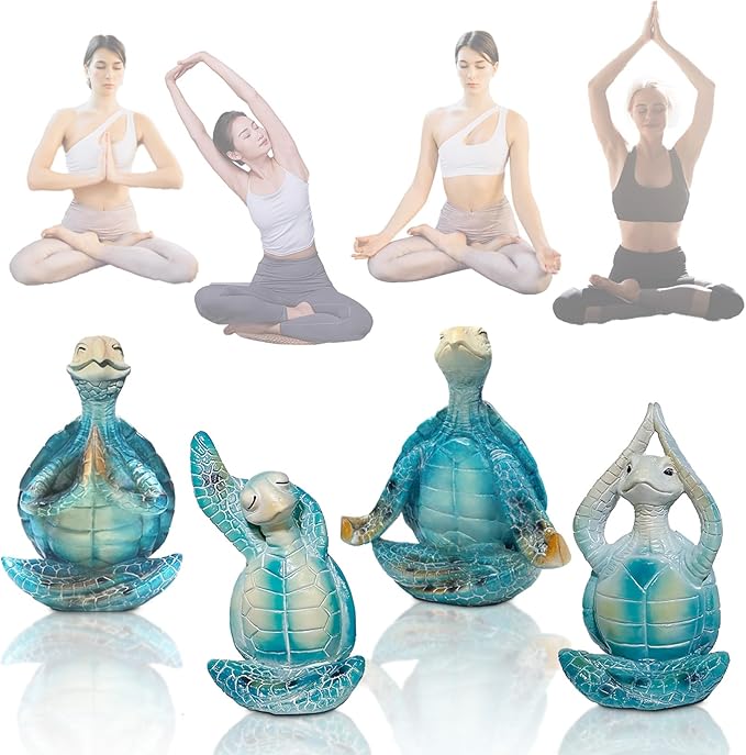 4PCS Yoga Sea Turtle Figurines,Meditation Zen Statue Decor Set for Bathroom Office Desk Table Shelf Ornament Beach Theme Gifts for Women Turtle Lovers Ocean Animal Resin Sculptures Decoration
