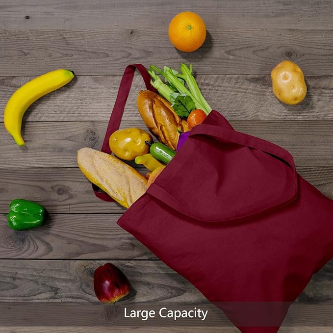 TOPDesign 12-Pack Economical 16"x15" Burgundy Cotton Tote Bags, Lightweight Medium Reusable Grocery Shopping Cloth Bags, Suitable for DIY, Advertising, Promotion, Gift, Activity