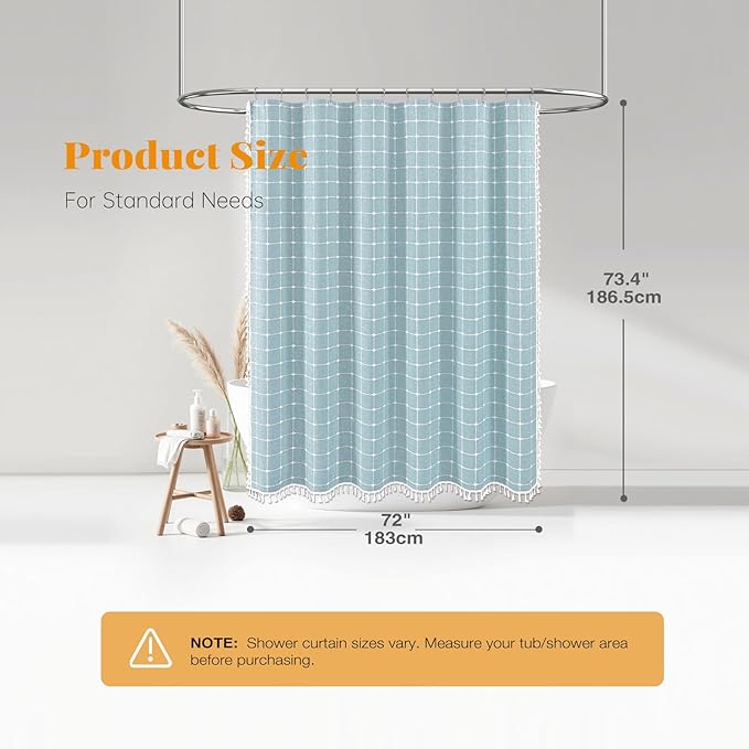 BTTN Boho Farmhouse Shower Curtain - Linen Rustic Heavy Duty Fabric Shower Curtain Set with Tassel, Water Repellent, Bohemian Vintage Country Thick Cloth Shower Curtains for Bathroom, Fog Blue, 72x72