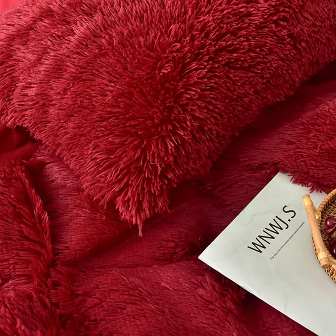 MorroMorn 5 PCS Shaggy Duvet Cover Bedding Set - Fluffy Comforter Cover Long Faux Fur Luxury Ultra Soft Cozy (Dark Red, Full/Queen)