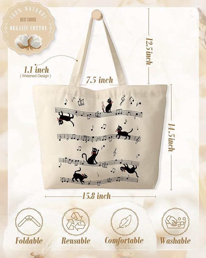 Large Tote Bag for Women - Canvas Tote Bag with Zipper Aesthetic Reusable Shoulder Bag for Gym, Travel, Work