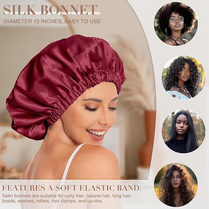 Satin Bonnet Silk Bonnet Hair Bonnet for Sleeping-Slouchy Beanie Hat Satin Sleep Cap for Women's Natural & Curly Hair(Black&Red)
