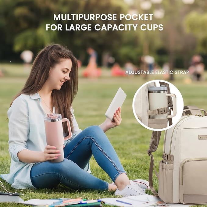 LOVEVOOK Laptop Backpack for Women with Pouch Pocket for Large Capacity Cup,15.6 Inch Laptop Computer Bag Travel Backpack Purse,Waterproof Work Business Backpack College Teacher Bags,Beige-Khaki