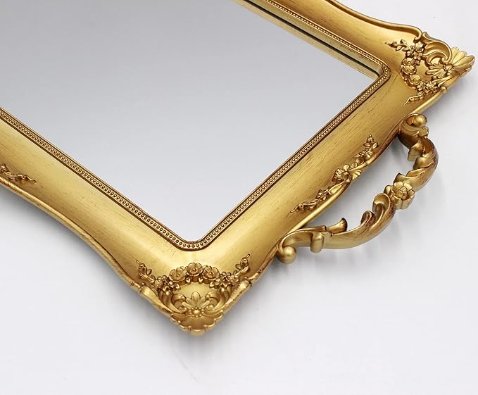 Antique Decorative Gold Framed Square Mirror Tray, Jewelry & Cosmetics Organizer for Dresser, Square - 9.5" W x 14.5" L (Golden)