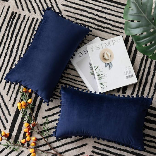 DEZENE Couch Pillow Cases 12x20 Navy: 2 Pack Cozy Soft Pom-poms Velvet Rectangular Throw Pillow Covers for Farmhouse Home Decor