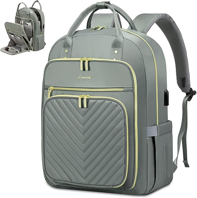 LOVEVOOK Laptop Backpack for Women, Water Resistant Travel Work Backpacks Purse Stylish Business Teacher Nurse Computer Bag with USB Charging Port,Gray-Green