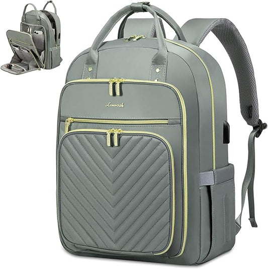 LOVEVOOK Laptop Backpack for Women, Water Resistant Travel Work Backpacks Purse Stylish Business Teacher Nurse Computer Bag with USB Charging Port,Gray-Green