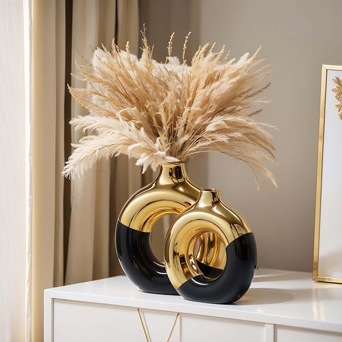 Black and Gold Ceramic Vase Set of 2,Round Donut Hollow Flower Vases for Home Decor Accents,Modern Minimalist Centerpiece Table Decorations,Wedding,Living Room,Bookshelf,Office,Entryway