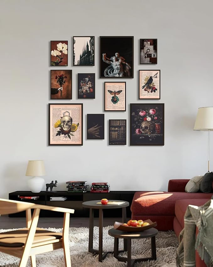 ASTRDECOR Dark Academia Decor Set - Vintage Newspapers Canvas Wall Art Prints Posters for Room Aesthetic, Spooky Gothic Home Decor for Halloween decor, Skull Witch Decor for Dark Bedroom Set of 12【Unframed】