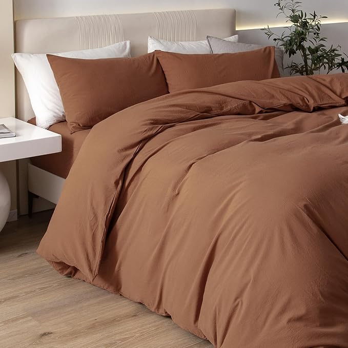 JIYUAN 100% Washed Cotton Duvet Cover Set 2 Pieces Twin, 1 Duvet Cover 68x90 Inches(Comforter Not Included) and 1 Pillowcases,Linen Feel Bedding Set Comfy and Breathable,Burnt Orange