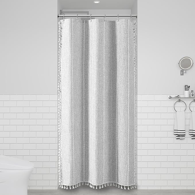 BTTN Boho Shower Stall Curtain - 36x72 Narrow Linen Ultra Thick Striped Tassel Fabric Shower Curtain Set with 6 Hooks, Half Modern Farmhouse Cottage Weighted Shower Curtains for Bathroom - Grey/Gray