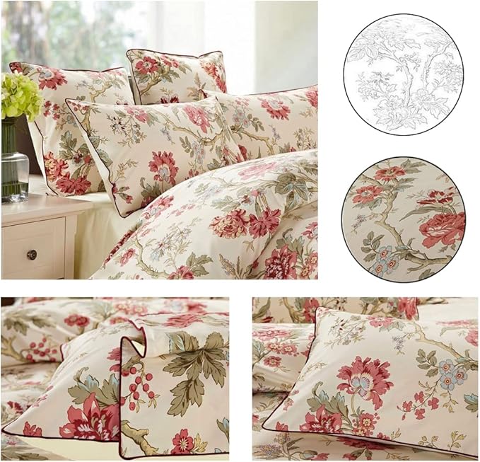 mixinni Red Floral Duvet Cover Queen Green Leaves Pattern Bedding Duvet Cover Set with Zipper Closure 4 Corner Ties for Him and Her-(3pcs, Queen Size)