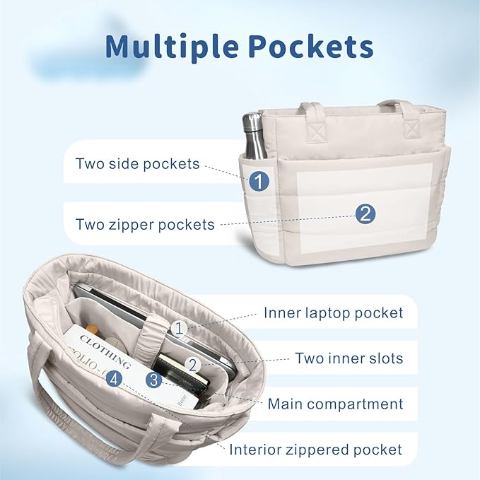 TOPDesign Puffer Tote Bag for Women, Lightweight Puffy Handbag with Compartments, Quilted Shoulder Bag for Work, Travel, Gym