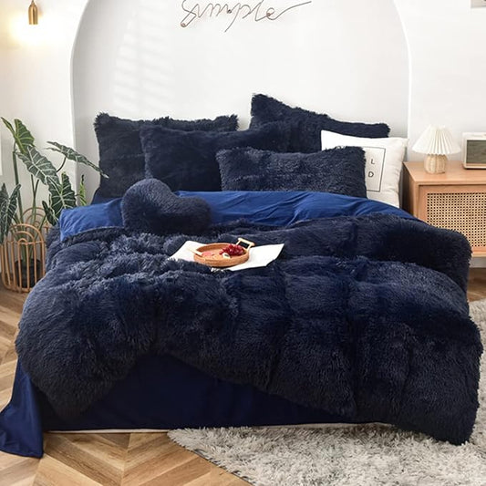MorroMorn 5 PCS Shaggy Duvet Cover Bedding Set - Long Faux Fur Luxury Ultra Soft (Navy, Full/Queen)
