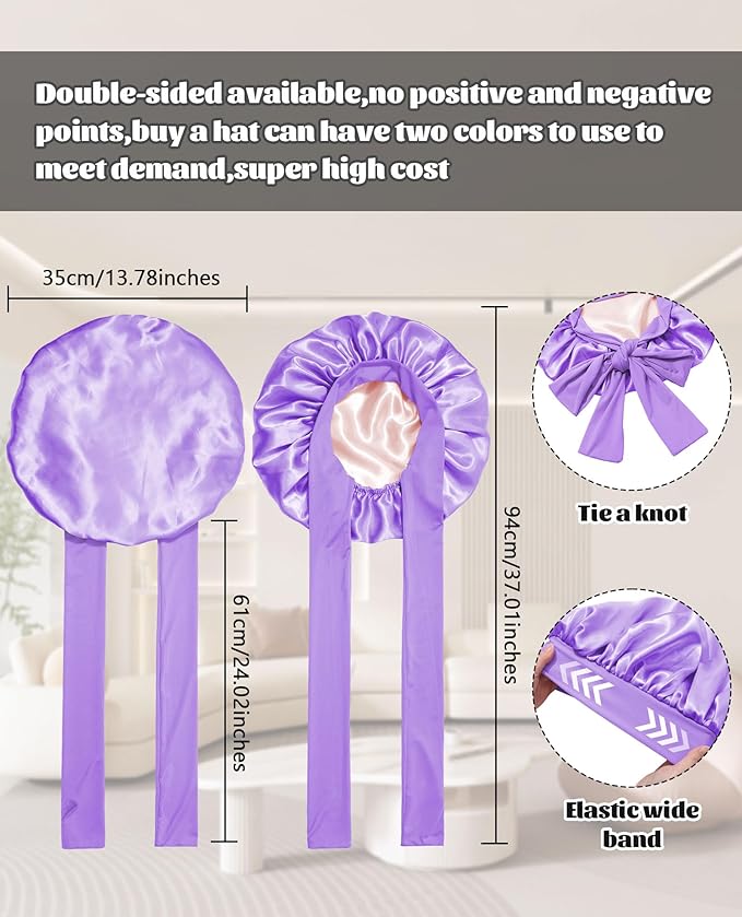 Satin Bonnet Silk Bonnet for Sleeping Silk Sleep Cap Double Layer Hair Bonnet with Elastic Tie Band for Curly Hair Night Cap (Light Purple+Champagne)