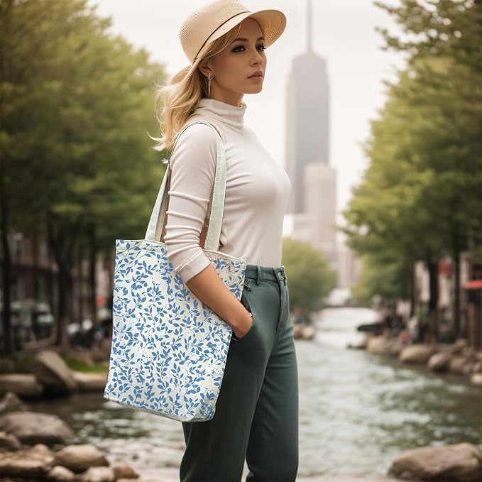Canvas Tote Bag for Women, Aesthetic Tote Bag with Zipper Pocket for Grocery Travel Work Gift, Canvas Shopping Bag