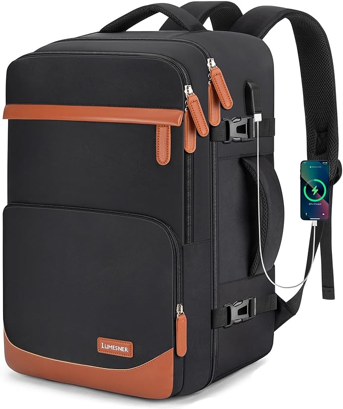 40L Travel Backpack with USB Charging Port, Water-Resistant Carry On Backpack for Men Women, Business Laptop Backpack for Trips & Commutes, Fits 15.6/17.3 Inch Laptop