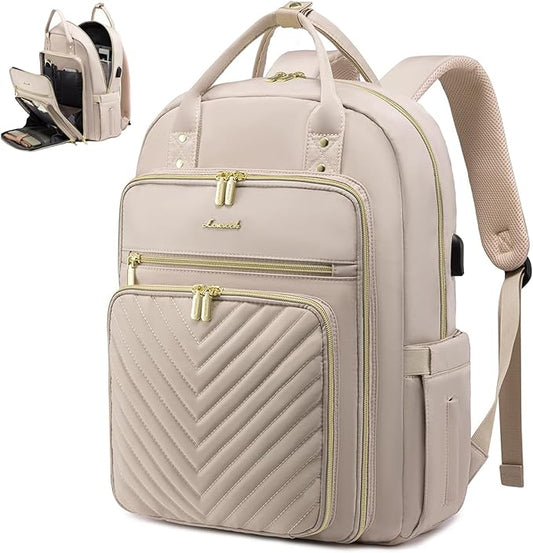 LOVEVOOK Laptop Backpack Women Teacher Backpack,15.6 Inch Laptop Bag with USB Port,Waterproof Daypack for Work Travel Antiquewhite