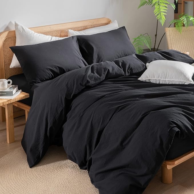 BESTOUCH Duvet Cover Set 100% Washed Cotton Linen Feel Super Soft Comfortable Chic Lightweight 3 PCs Home Bedding Set Solid Deep Black Super Queen