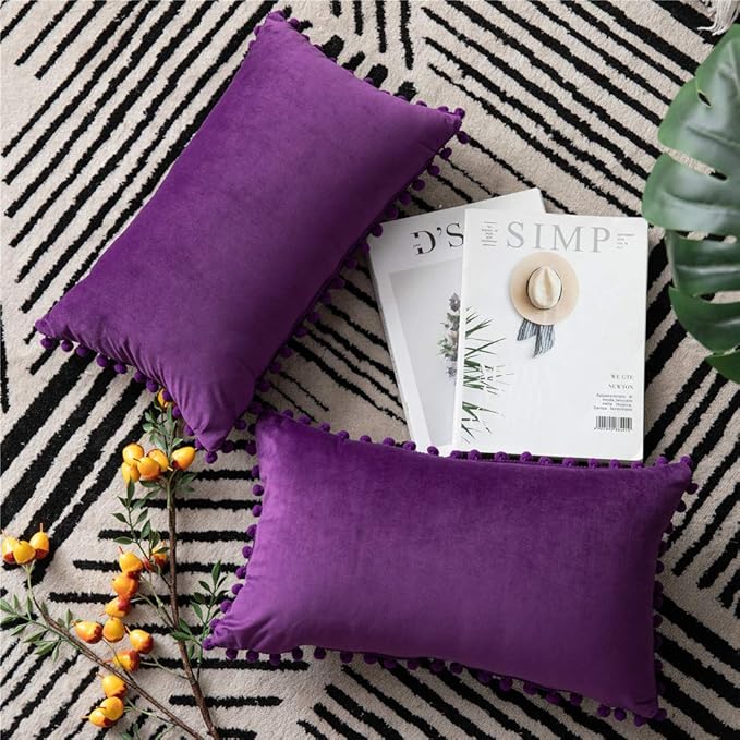 DEZENE 12x20 Throw Pillow Cases Purple: 2 Pack Cozy Soft Pom-poms Velvet Rectangular Decorative Pillow Covers for Farmhouse Home Decor